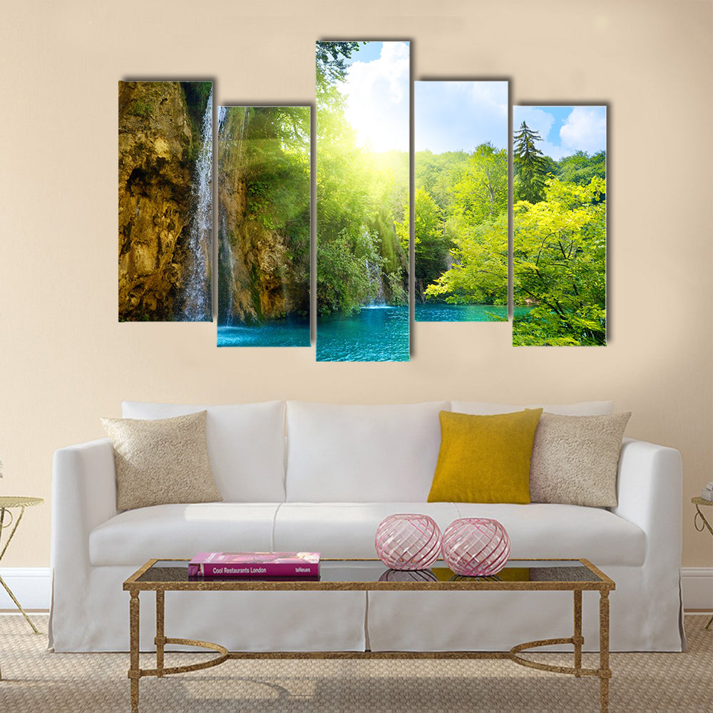 Waterfalls in deep forest Multi Panel Canvas Wall Art