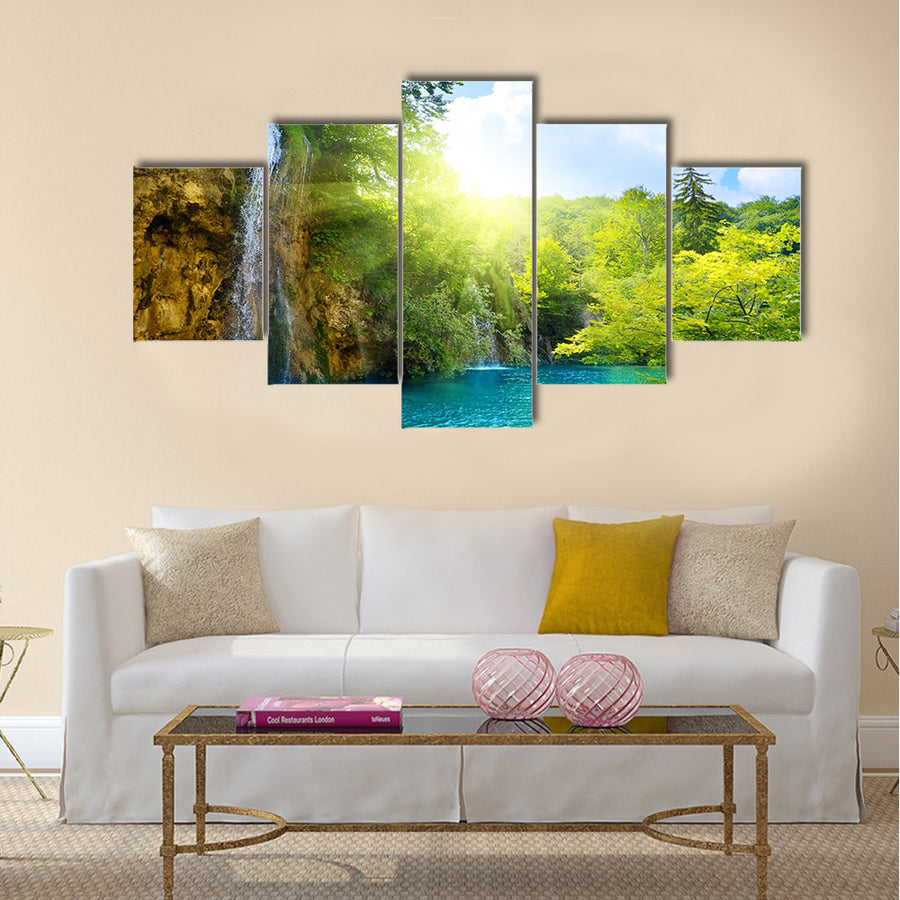 Waterfalls in deep forest Multi Panel Canvas Wall Art