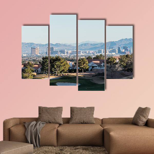 Clear winter sky above golf course homes and casino resort towers wall art