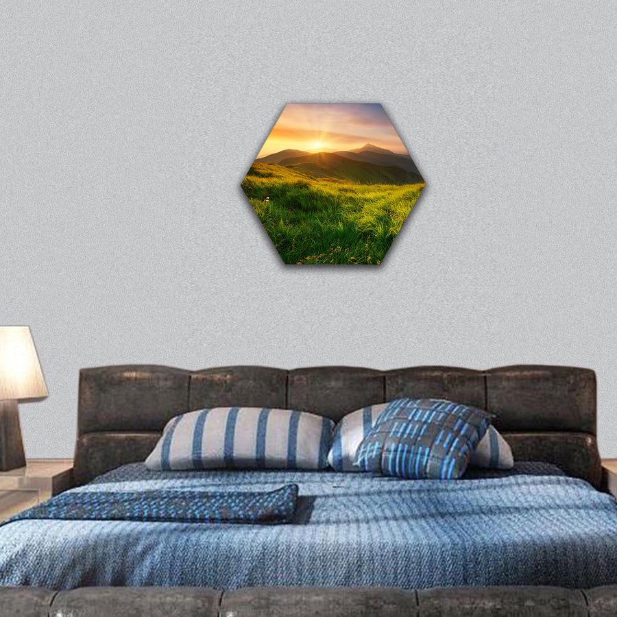 Mountain valley during sunrise, Natural landscape hexagonal canvas wall art