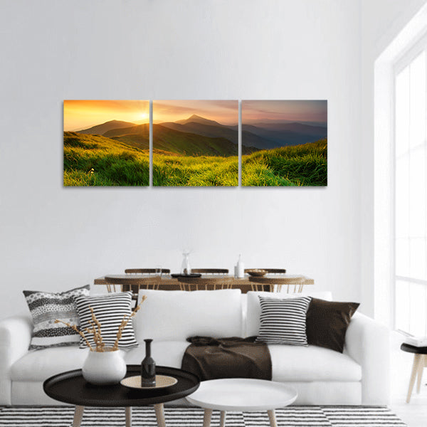Mountain valley during sunrise. Natural summer landscape Panoramic Canvas Wall Art