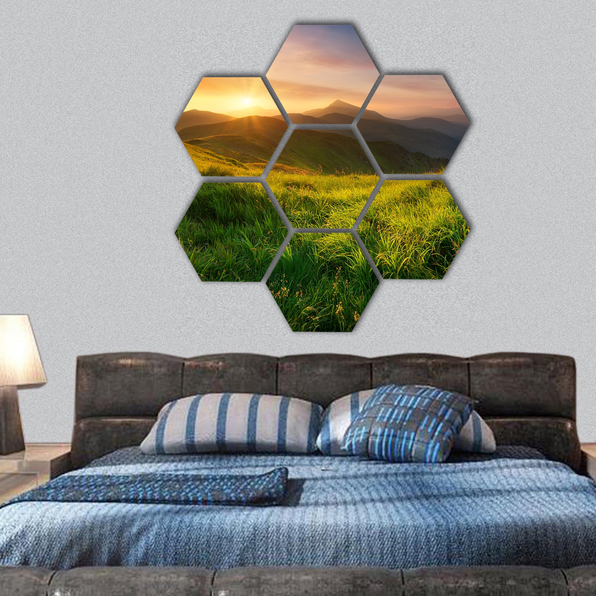 Mountain valley during sunrise, Natural landscape hexagonal canvas wall art
