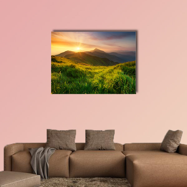 Mountain valley during sunrise, Natural summer landscape multi panel canvas wall art