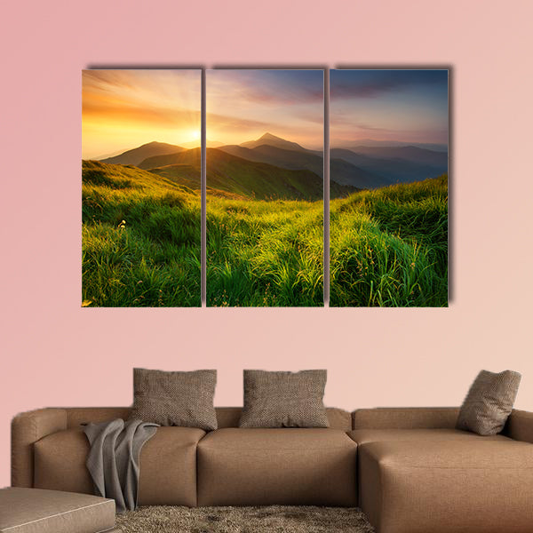 Mountain valley during sunrise, Natural summer landscape multi panel canvas wall art