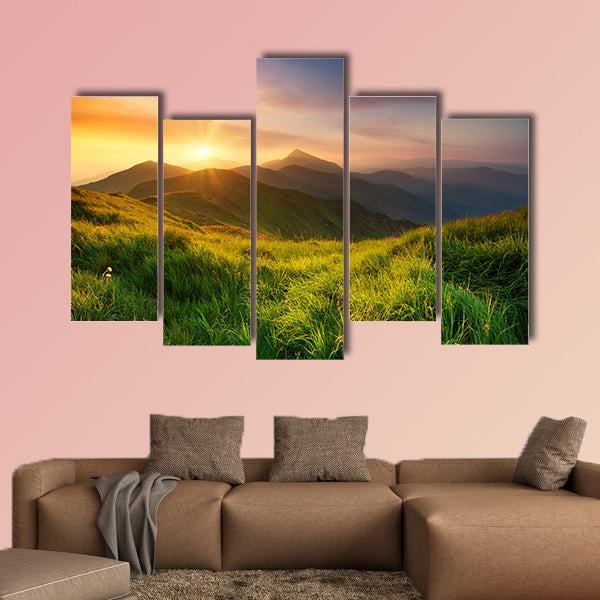 Mountain valley during sunrise, Natural summer landscape multi panel canvas wall art