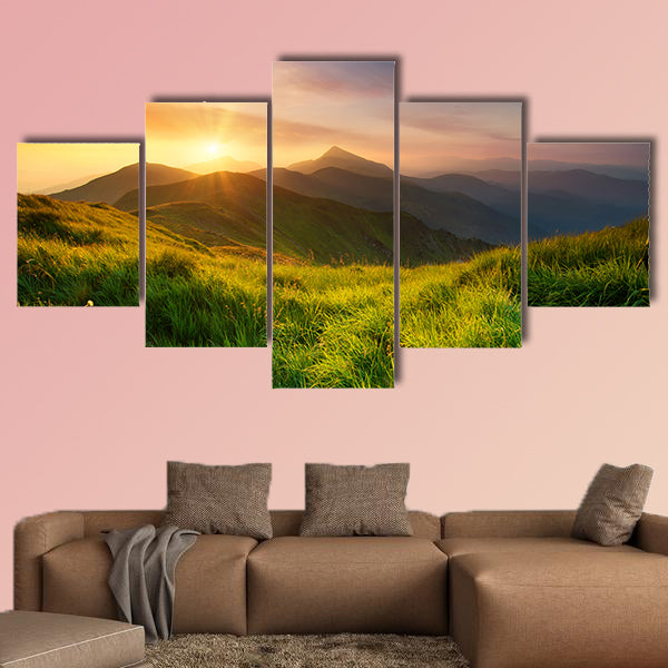 Mountain valley during sunrise, Natural summer landscape multi panel canvas wall art
