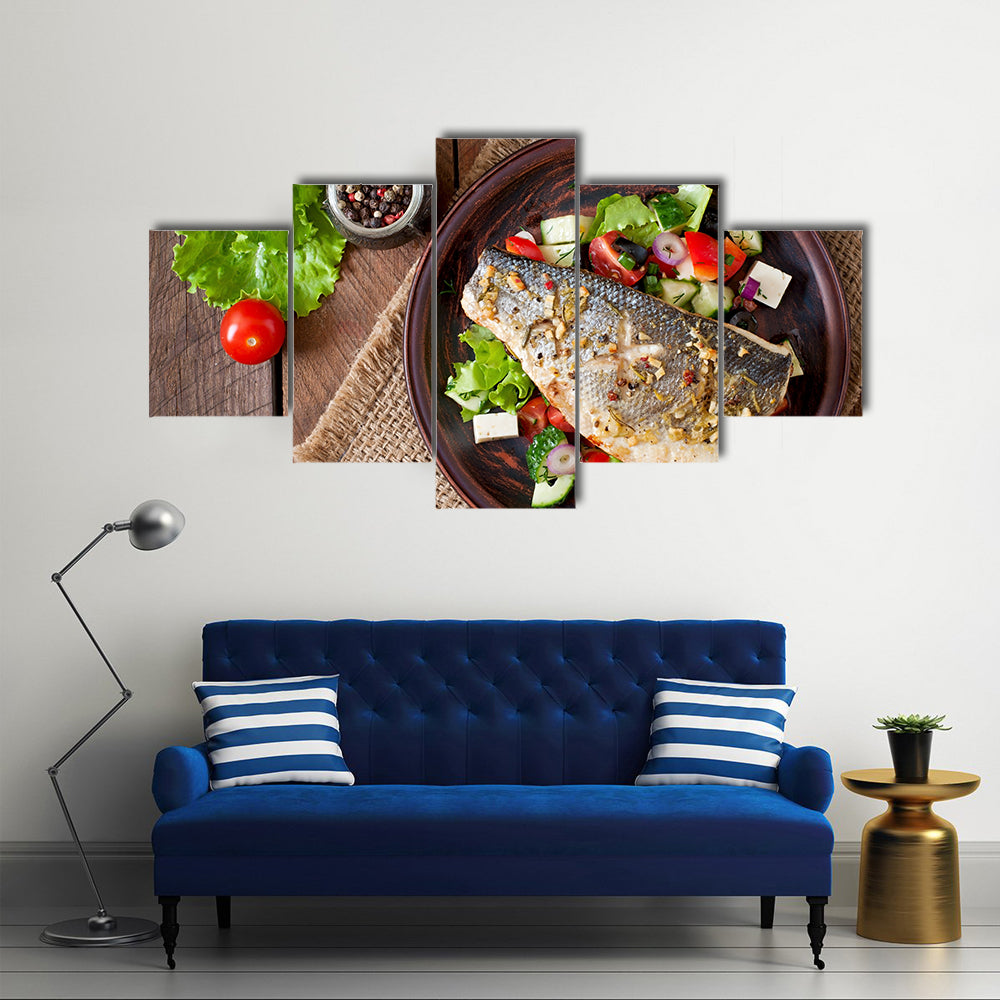 Baked seabass with Greek salad Multi panel canvas wall art