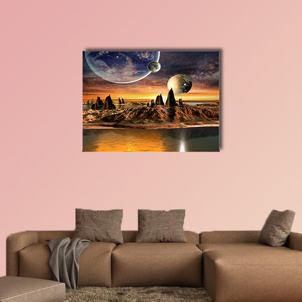 Alien Planet With planets Earth Moon and Mountains, multi panel canvas wall art