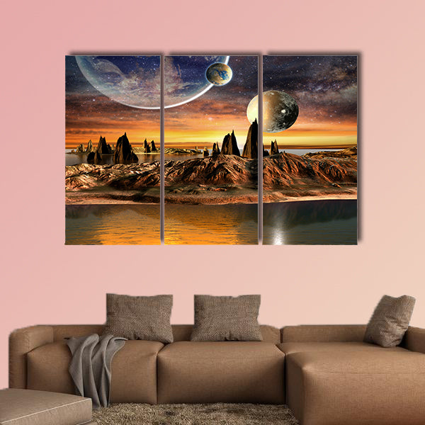 Alien Planet With planets Earth Moon and Mountains, multi panel canvas wall art