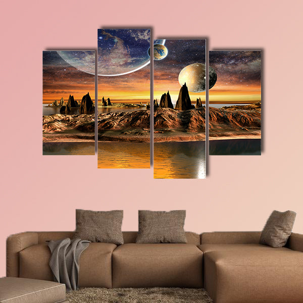 Alien Planet With planets Earth Moon and Mountains, multi panel canvas wall art