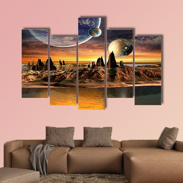 Alien Planet With planets Earth Moon and Mountains, multi panel canvas wall art