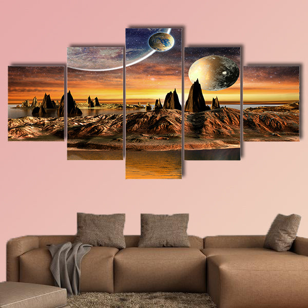 Alien Planet With planets Earth Moon and Mountains, multi panel canvas wall art