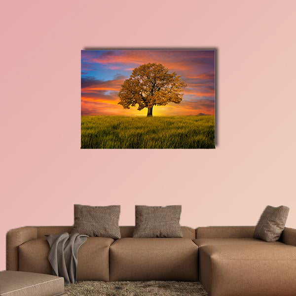 Alone tree in the field with clouds multi panel canvas wall art