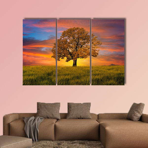 Alone tree in the field with clouds multi panel canvas wall art