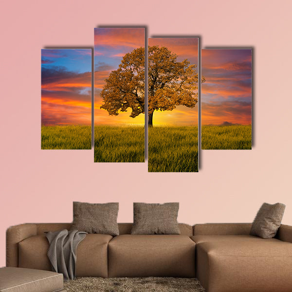 Alone tree in the field with clouds multi panel canvas wall art