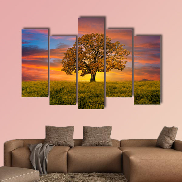 Alone tree in the field with clouds multi panel canvas wall art