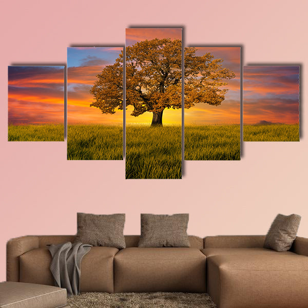 Alone tree in the field with clouds multi panel canvas wall art