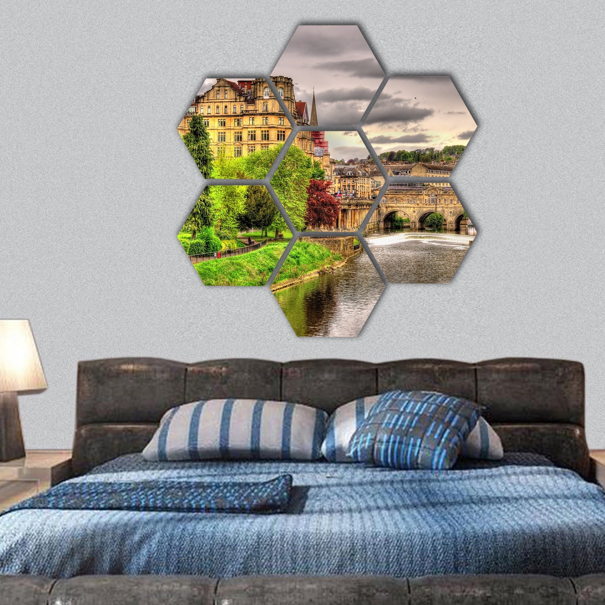 Bath town over the River Avon hexagonal canvas wall art