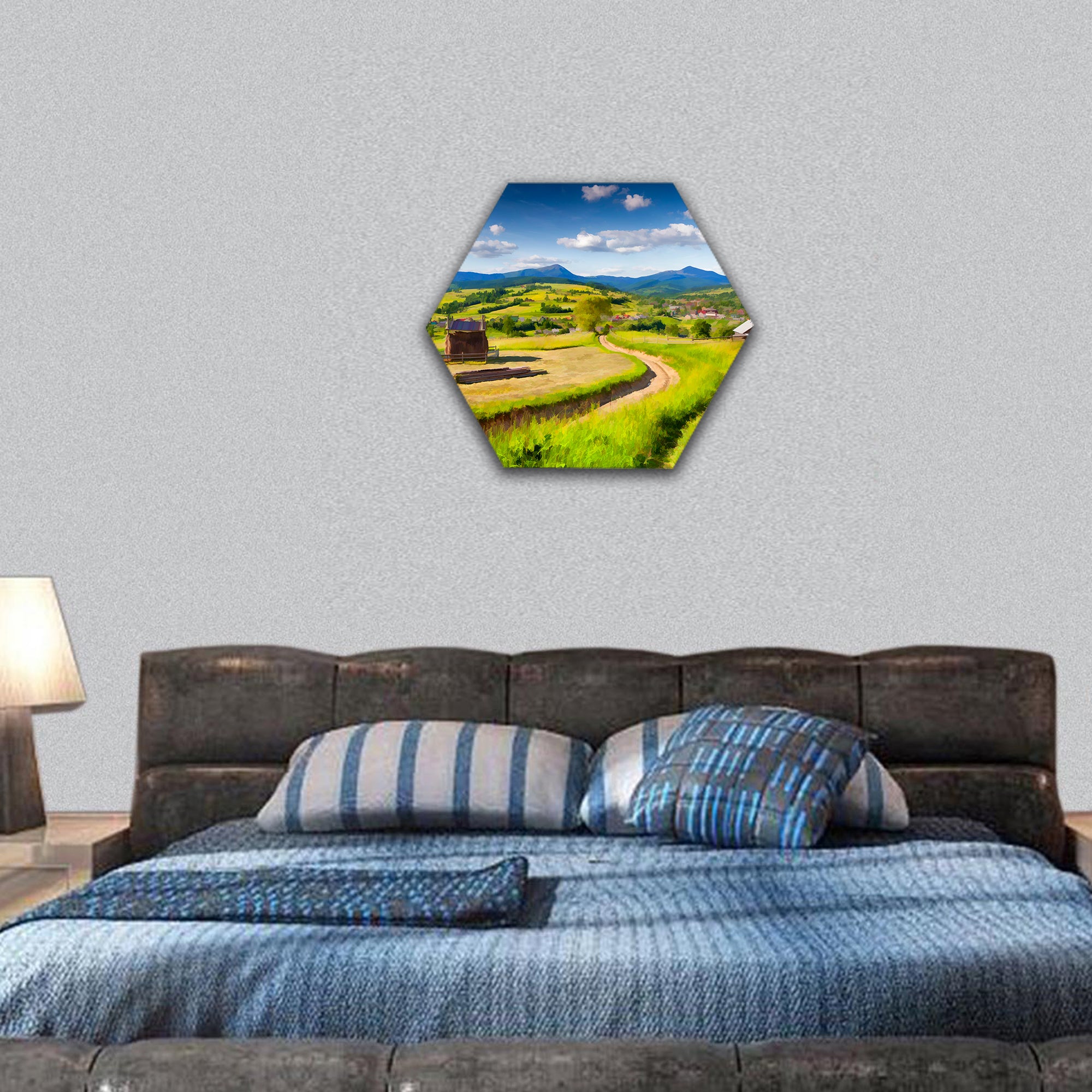 Beautiful summer landscape in the mountains village hexagonal canvas wall art
