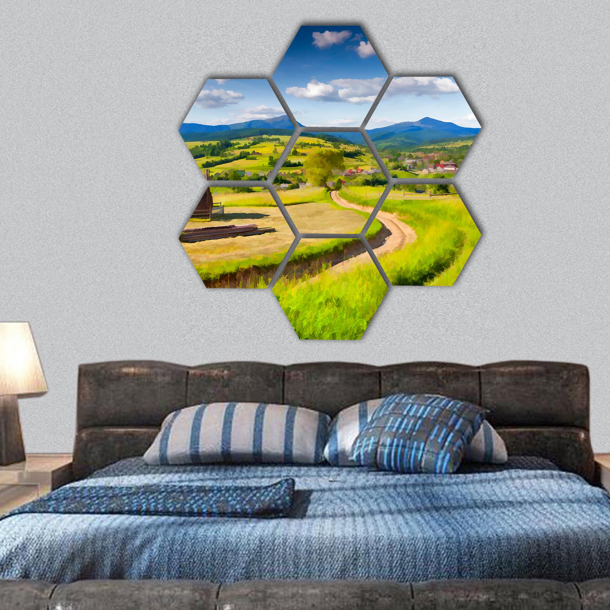 Beautiful summer landscape in the mountains village hexagonal canvas wall art