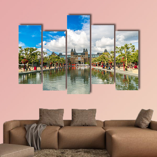 Rijksmuseum Amsterdam museum with words I Amsterdam in a summer day multi panel canvas wall art