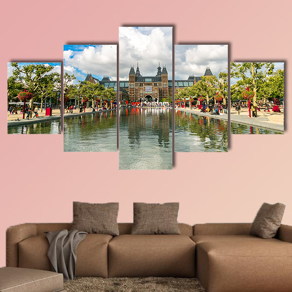 Rijksmuseum Amsterdam museum with words I Amsterdam in a summer day multi panel canvas wall art
