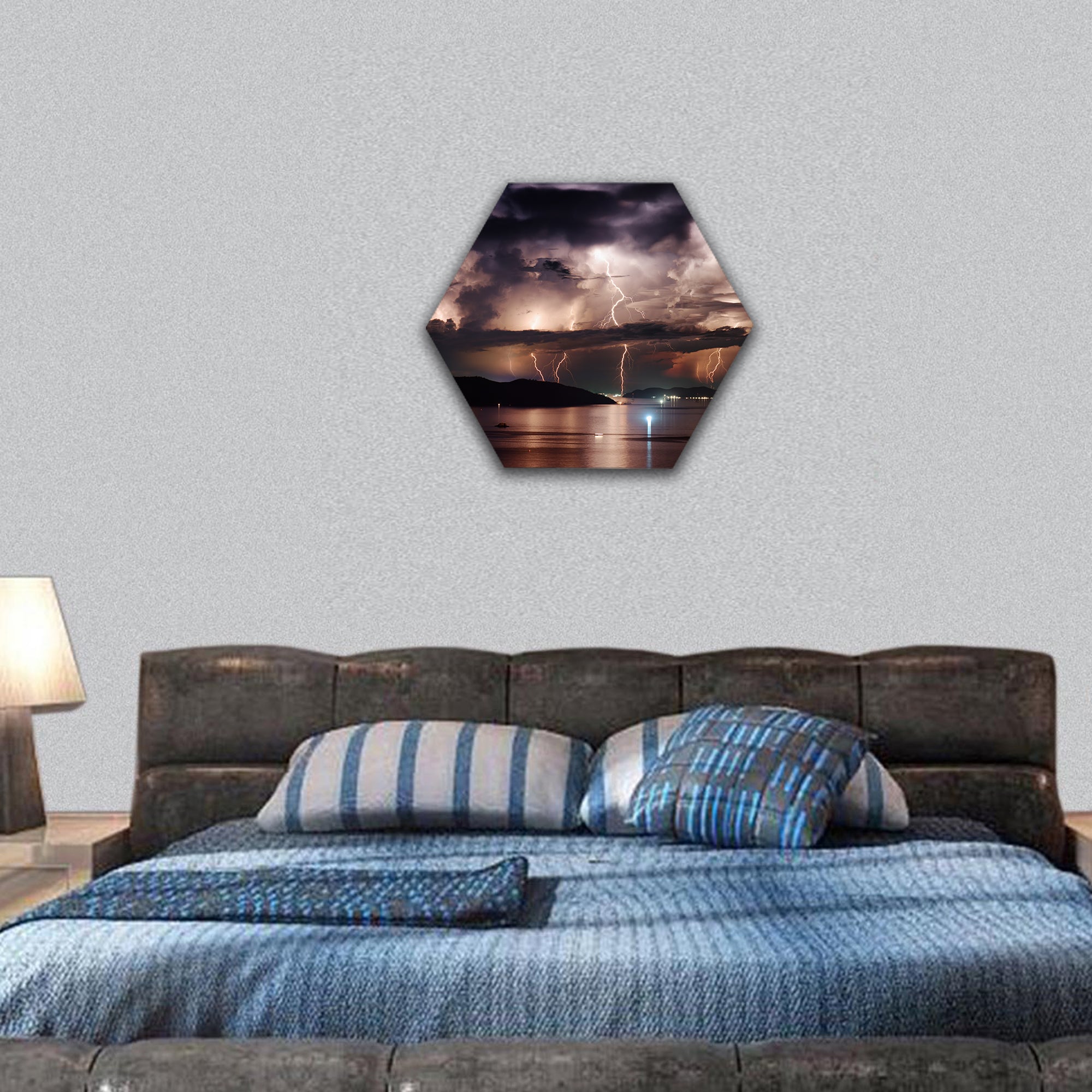 stormy sky and lightning over Nha Trang Bay of China Sea hexagonal canvas wall art