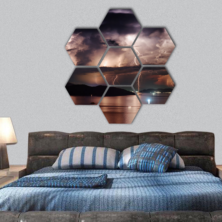 stormy sky and lightning over Nha Trang Bay of China Sea hexagonal canvas wall art