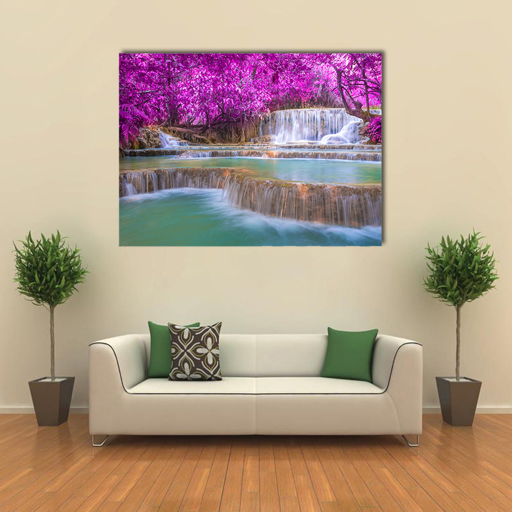 Waterfall In Rain Forest (Tat Kuang Si Waterfalls at Luang prabang, Laos) Multi Panel Canvas Wall Art