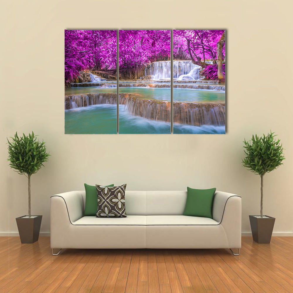 Waterfall In Rain Forest (Tat Kuang Si Waterfalls at Luang prabang, Laos) Multi Panel Canvas Wall Art