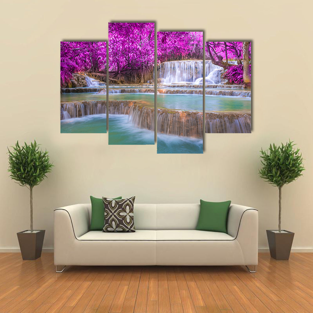 Waterfall In Rain Forest (Tat Kuang Si Waterfalls at Luang prabang, Laos) Multi Panel Canvas Wall Art