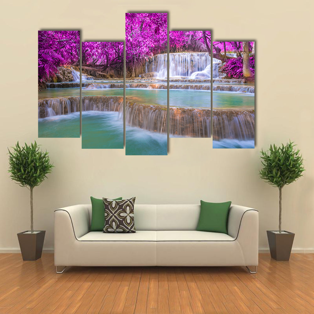 Waterfall In Rain Forest (Tat Kuang Si Waterfalls at Luang prabang, Laos) Multi Panel Canvas Wall Art