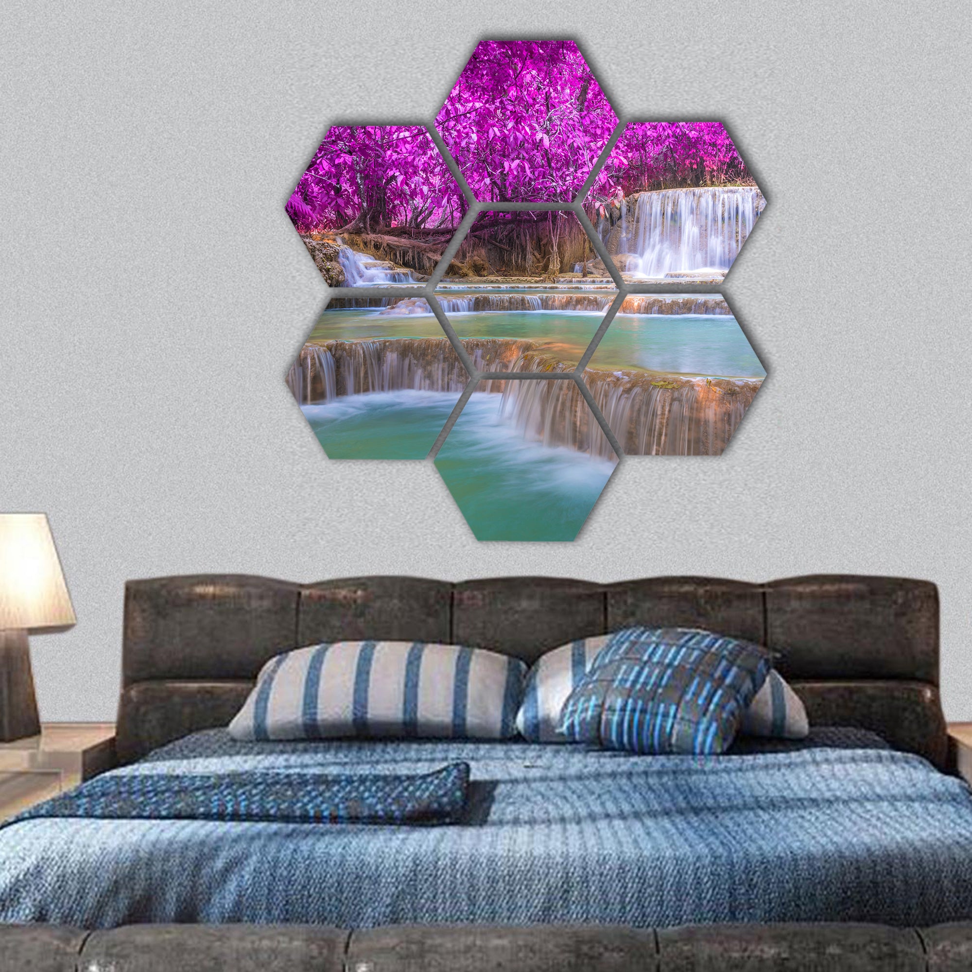 Waterfall in rain forest hexagonal canvas wall art