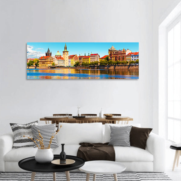 Old Town architecture ,Vltava river pier in Prague Czech Panoramic Canvas Wall Art
