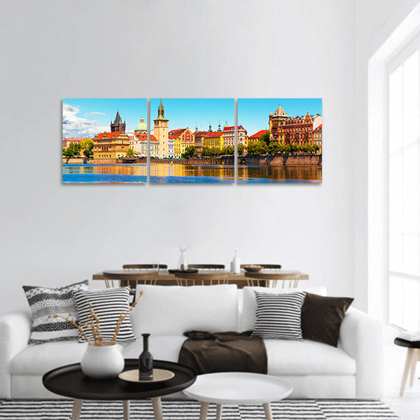 Old Town architecture ,Vltava river pier in Prague Czech Panoramic Canvas Wall Art