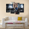 Muscular bodybuilder guy doing exercises with big dumbbell in gym, Multi panel canvas wall art