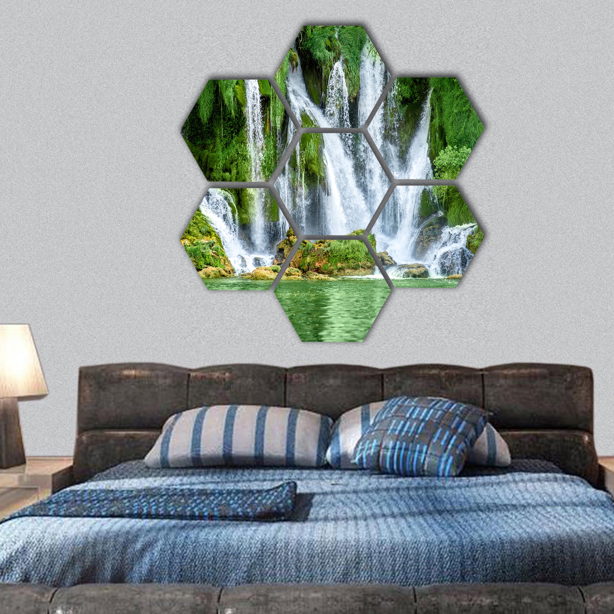 Beautiful view on Kravica waterfall in Bosnia hexagonal canvas wall art