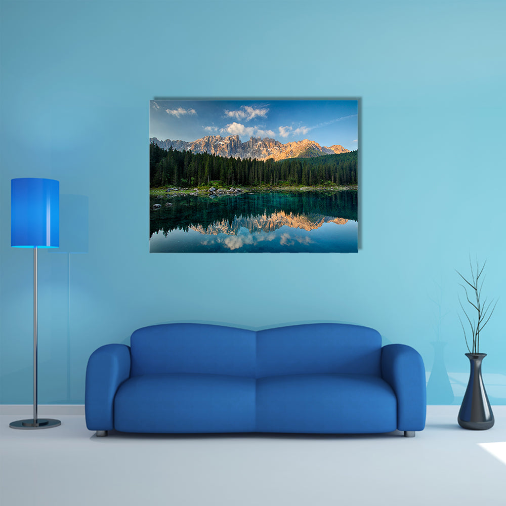 The Lake with mountain forest landscape Lago di Carezza Multi Panel Canvas Wall Art