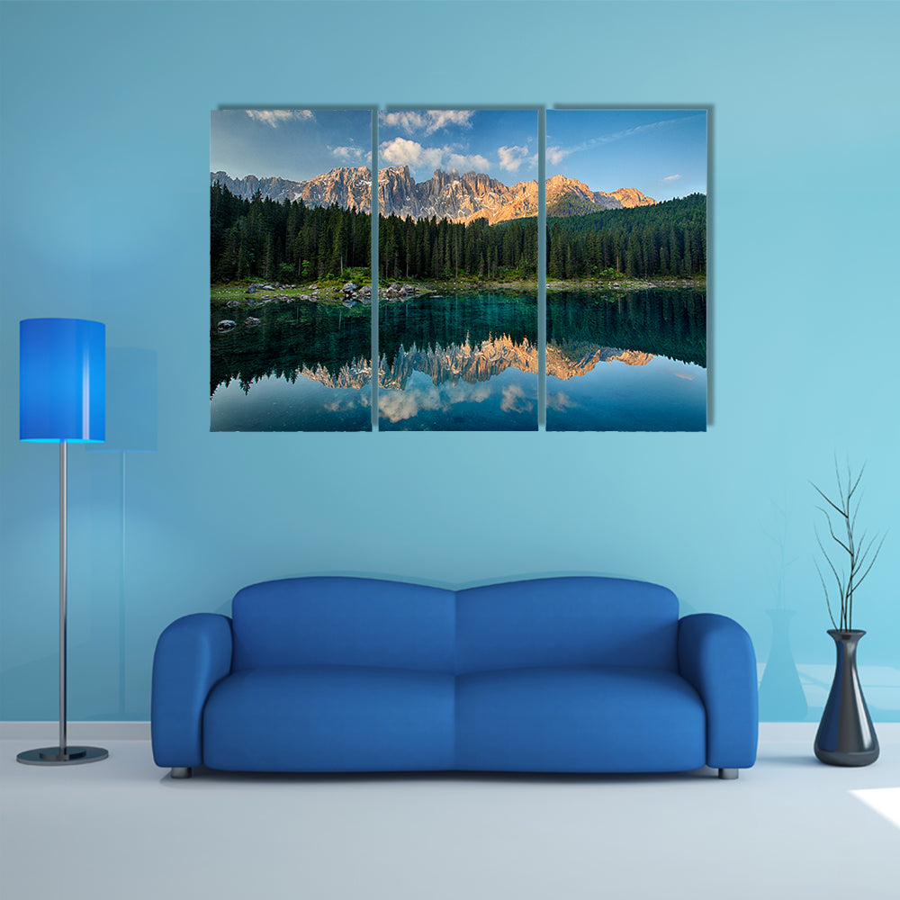 The Lake with mountain forest landscape Lago di Carezza Multi Panel Canvas Wall Art