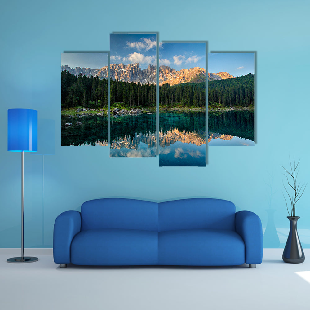 The Lake with mountain forest landscape Lago di Carezza Multi Panel Canvas Wall Art