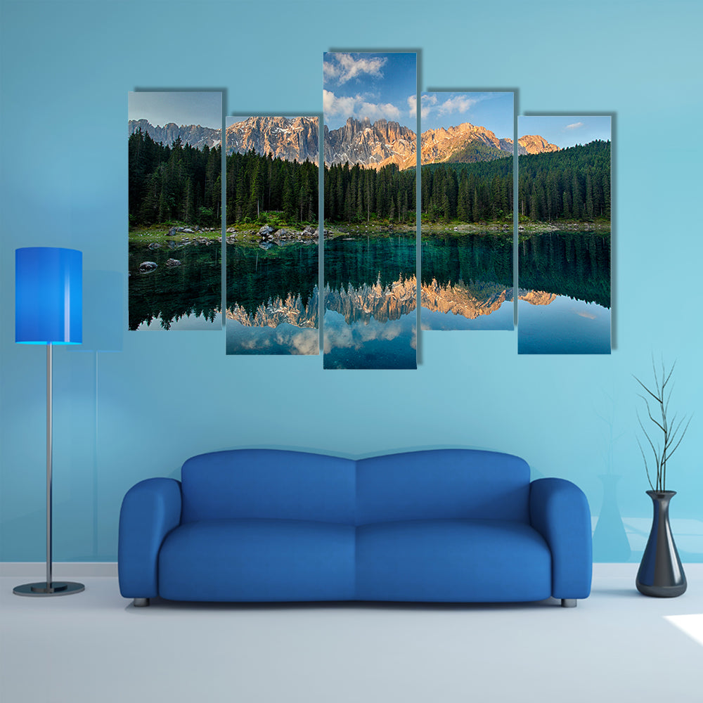 The Lake with mountain forest landscape Lago di Carezza Multi Panel Canvas Wall Art