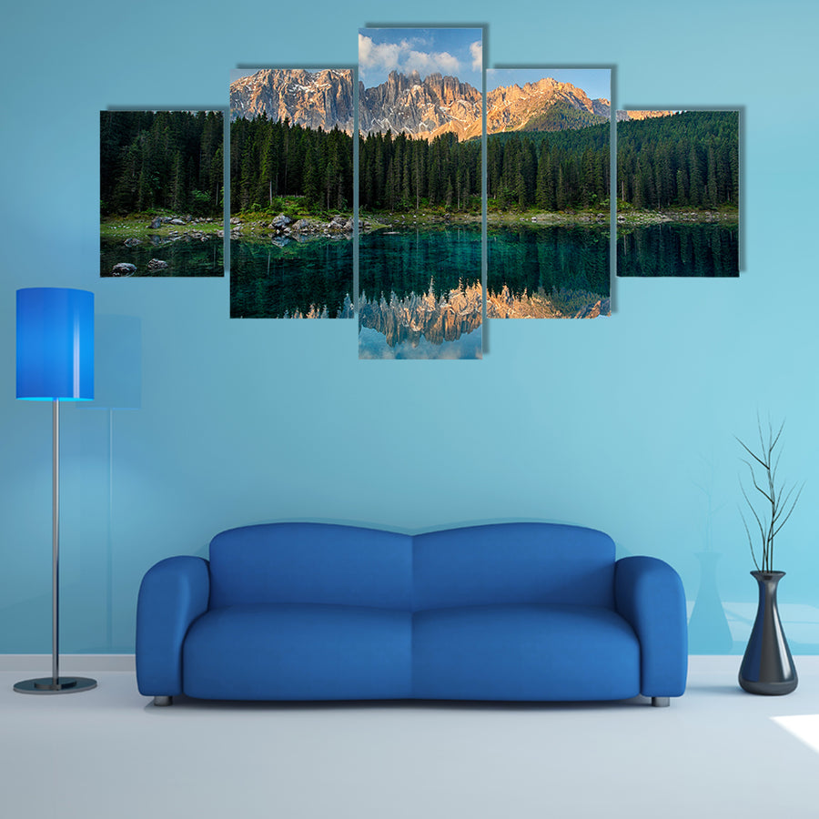The Lake with mountain forest landscape Lago di Carezza Multi Panel Canvas Wall Art