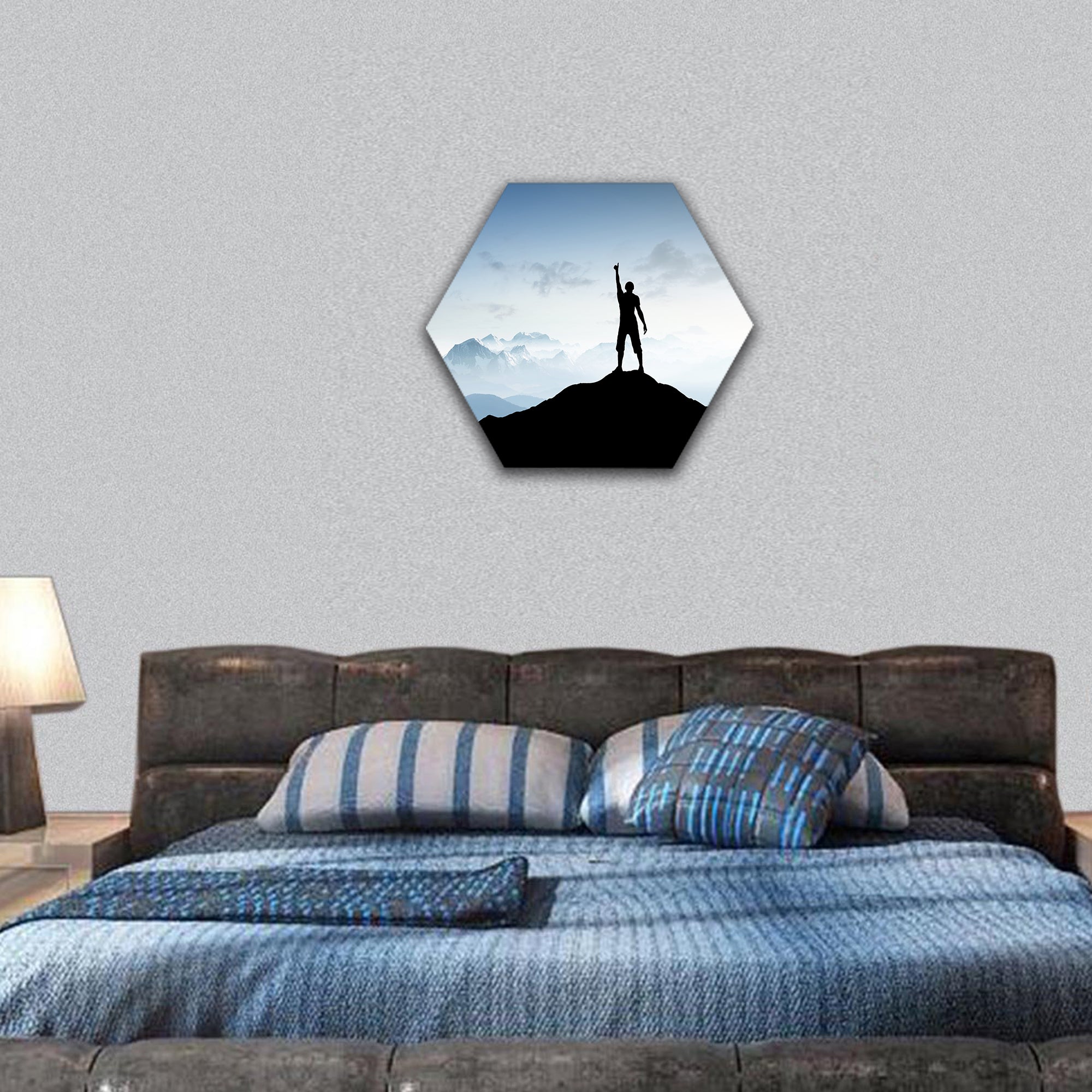 Winner silhouette on the mountain top hexagonal canvas wall art