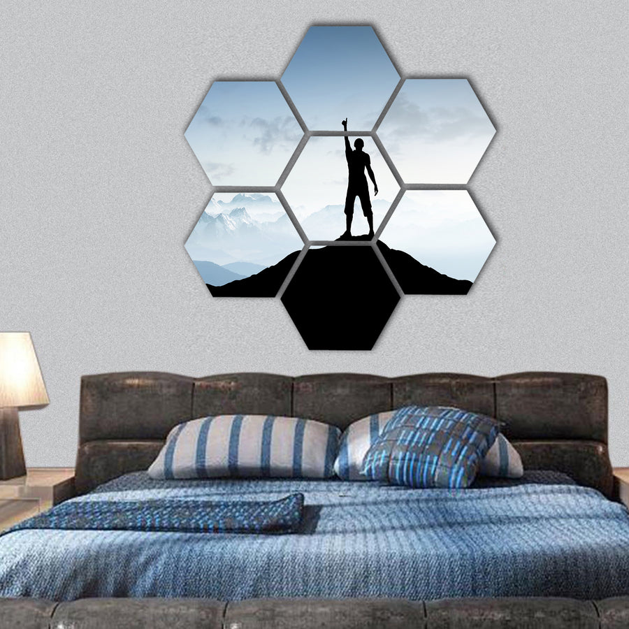Winner silhouette on the mountain top hexagonal canvas wall art
