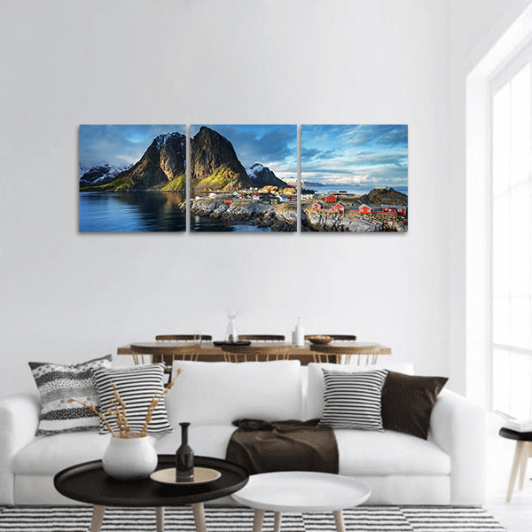 Fishing hut at spring sunset - Reine, Lofoten islands, Panoramic Canvas Wall Art