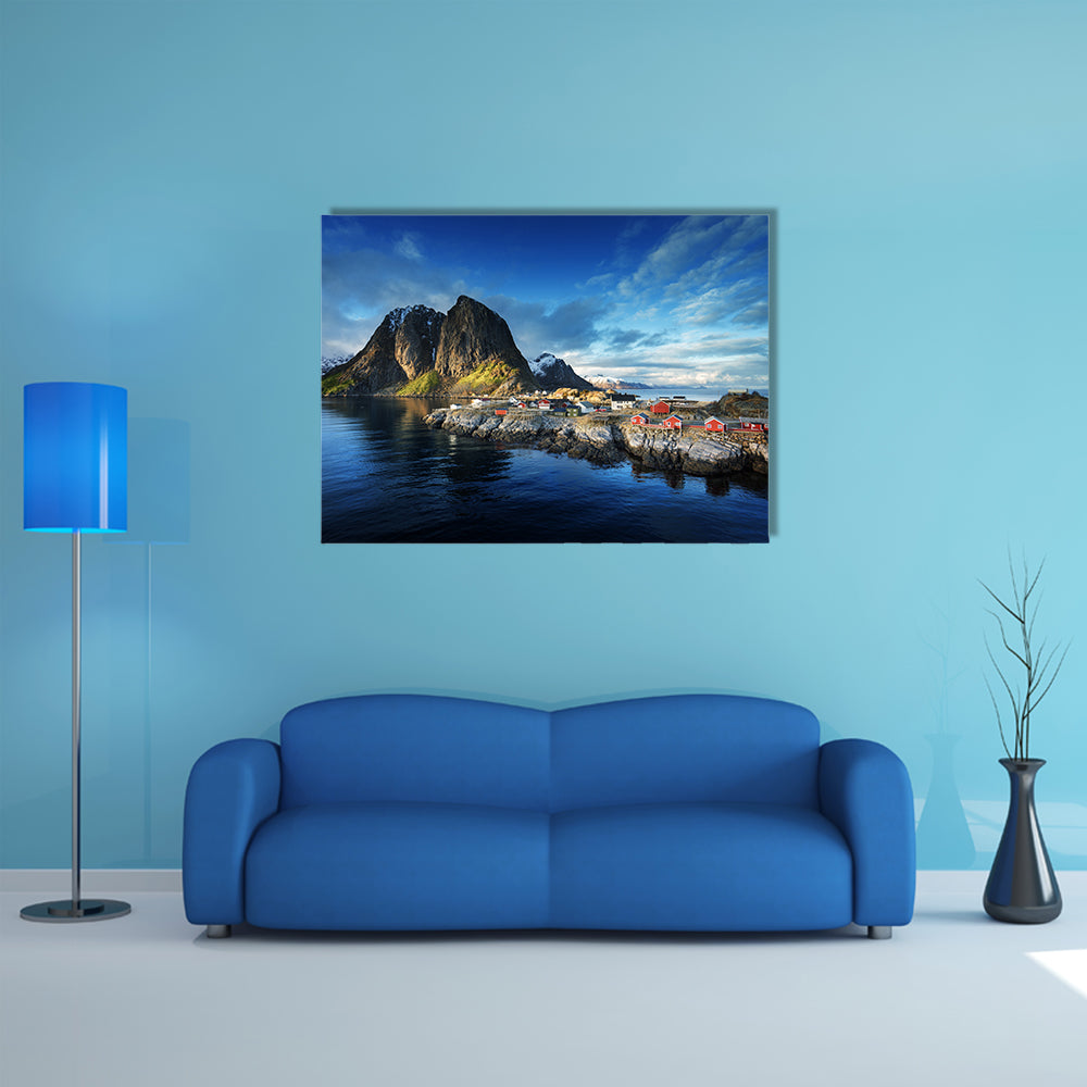 Fishing hut at spring sunset - Reine, Lofoten islands, Norway multi panel canvas wall art