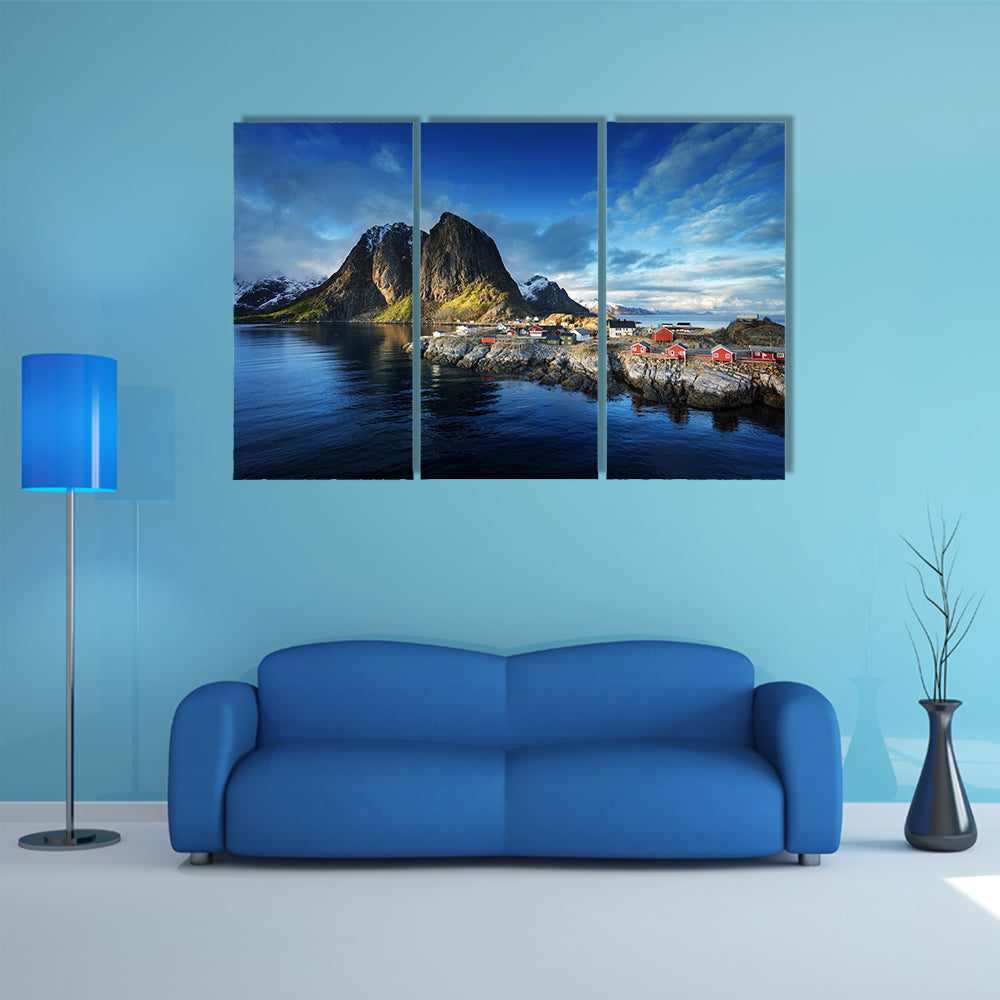 Fishing hut at spring sunset - Reine, Lofoten islands, Norway multi panel canvas wall art