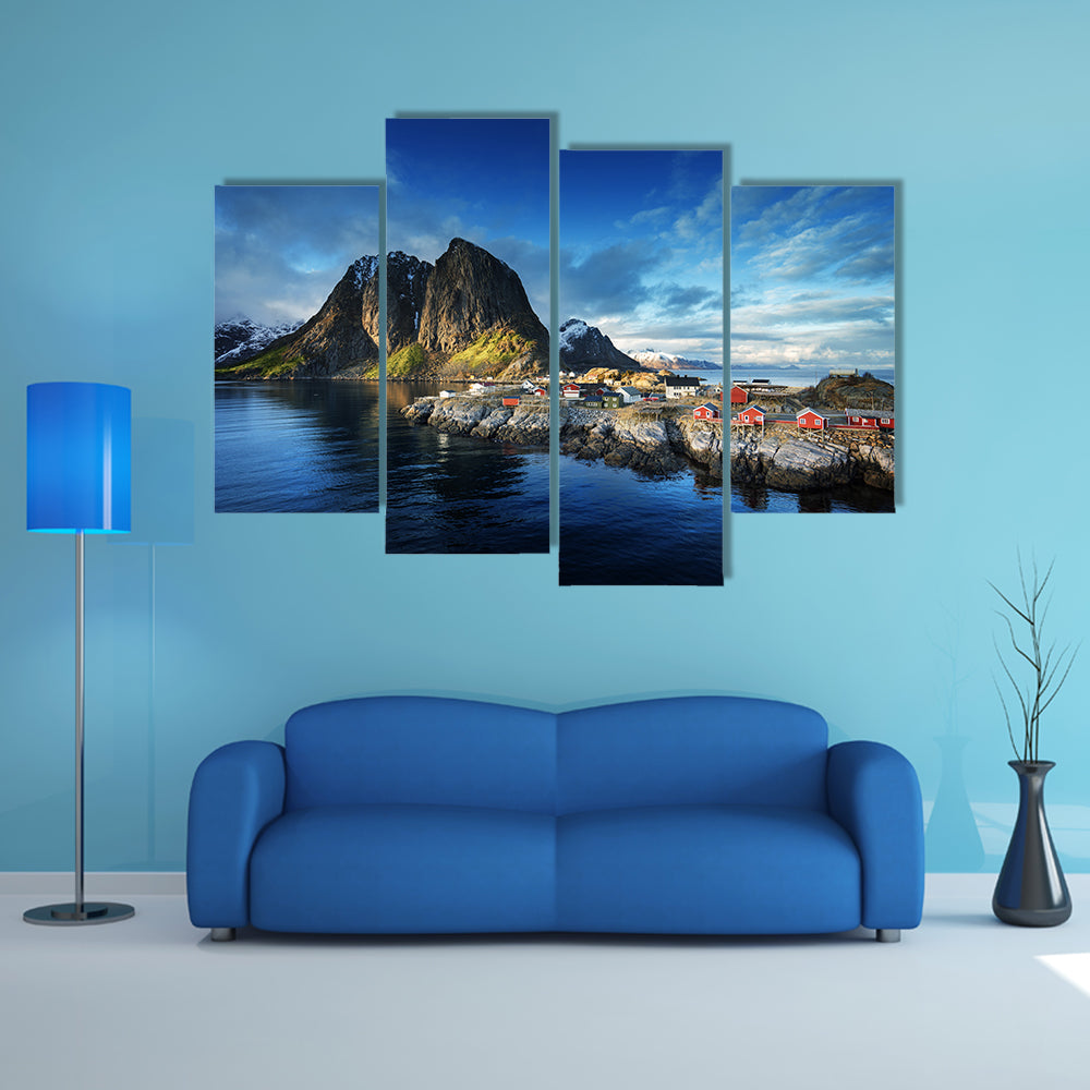 Fishing hut at spring sunset - Reine, Lofoten islands, Norway multi panel canvas wall art