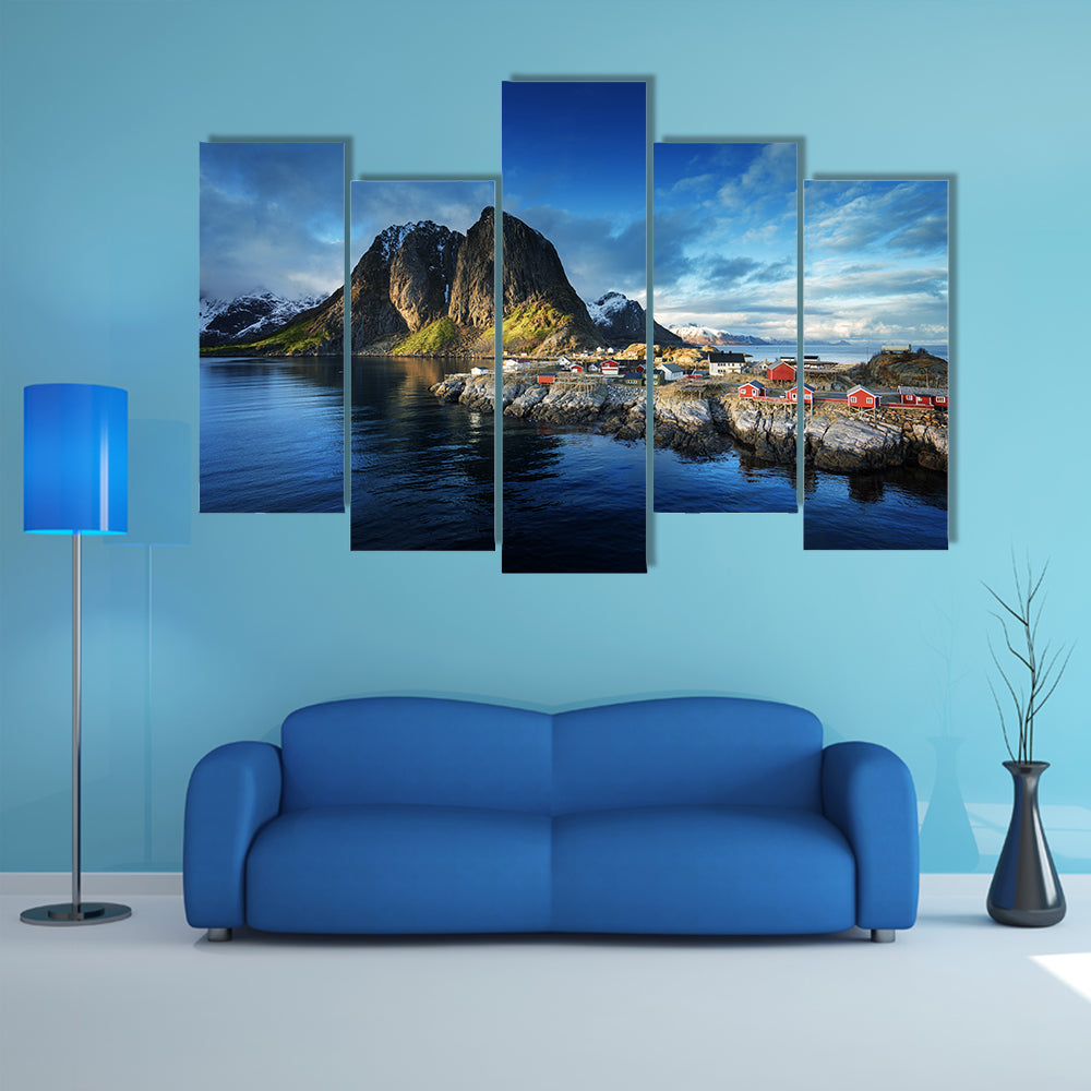 Fishing hut at spring sunset - Reine, Lofoten islands, Norway multi panel canvas wall art