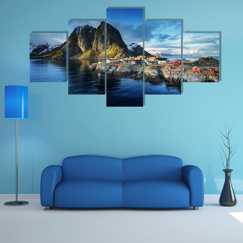 Fishing hut at spring sunset - Reine, Lofoten islands, Norway multi panel canvas wall art